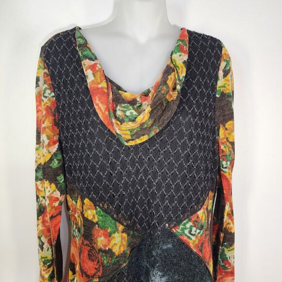 This & That Blouse Large Multicolor Mix Media Cowl Neck Crochet Patchwork Sheer - Picture 3 of 11
